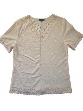 Chances R Women's Size M Cream Floral Eyelet Button Front Short Sleeve Blouse
